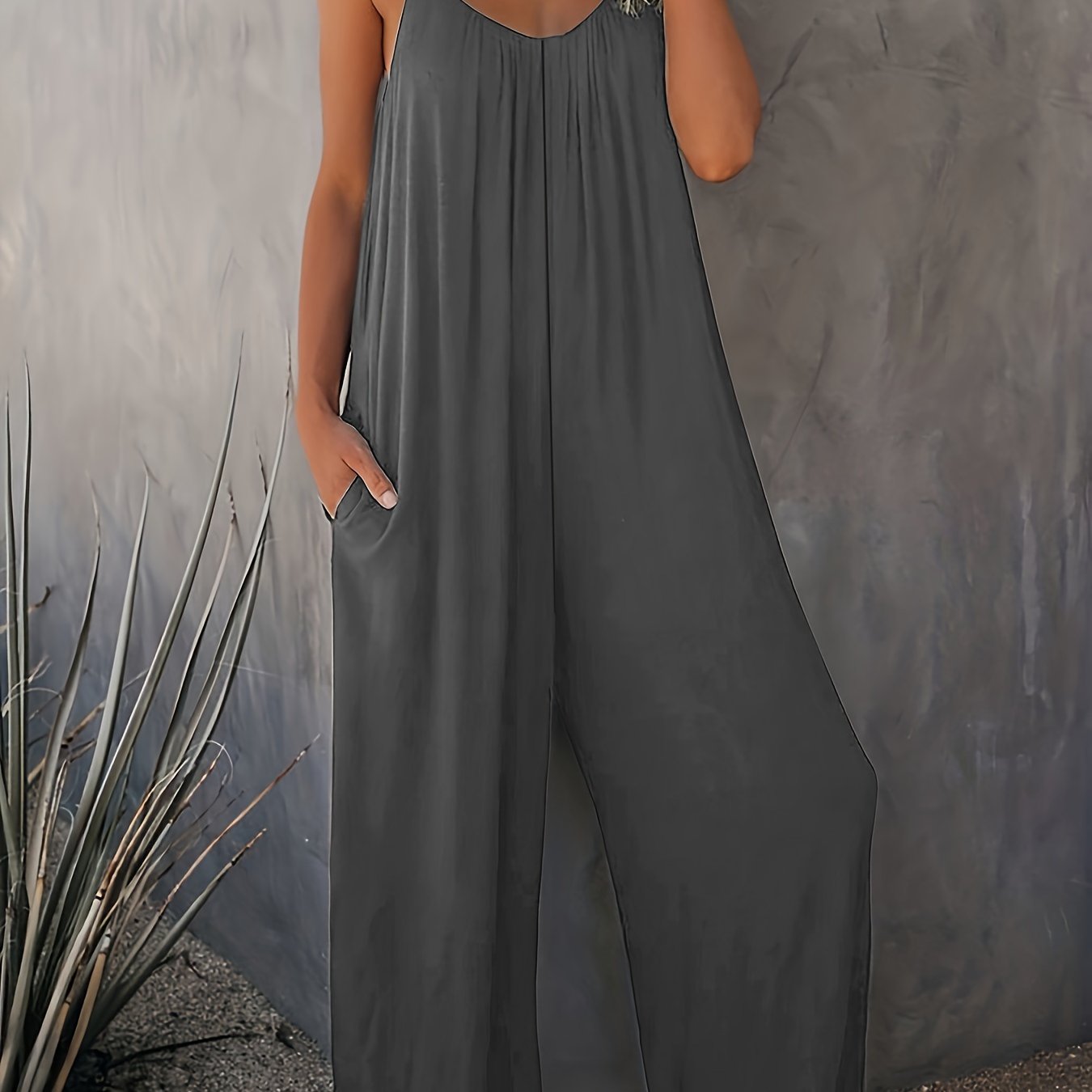 Women's Summer Maroon Cami Jumpsuit with Pockets Solid Color Stretchy Polyester Spandex