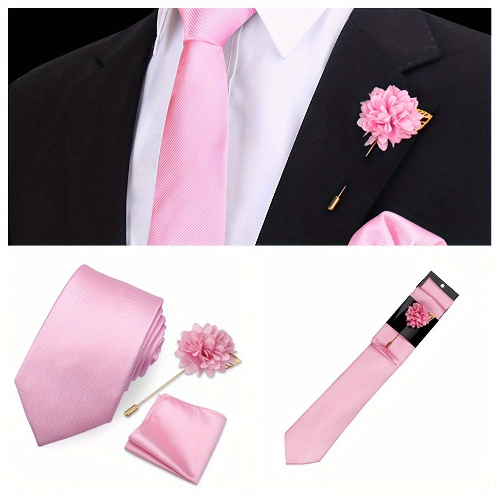 Men's Tie Set with Pocket Towel and Brooch, Classic Striped Plain Design
