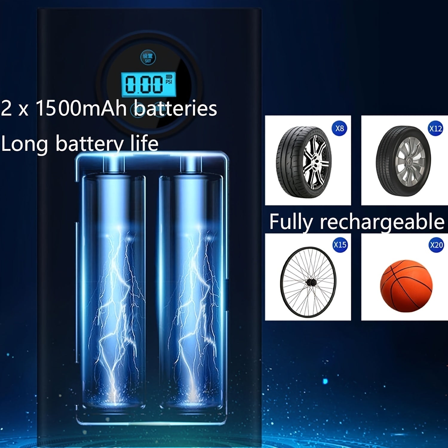 Digital Tire Inflator with Automatic Shut-Off USB Battery Powered 150 PSI for Car Bicycle Electric Bike and Balls