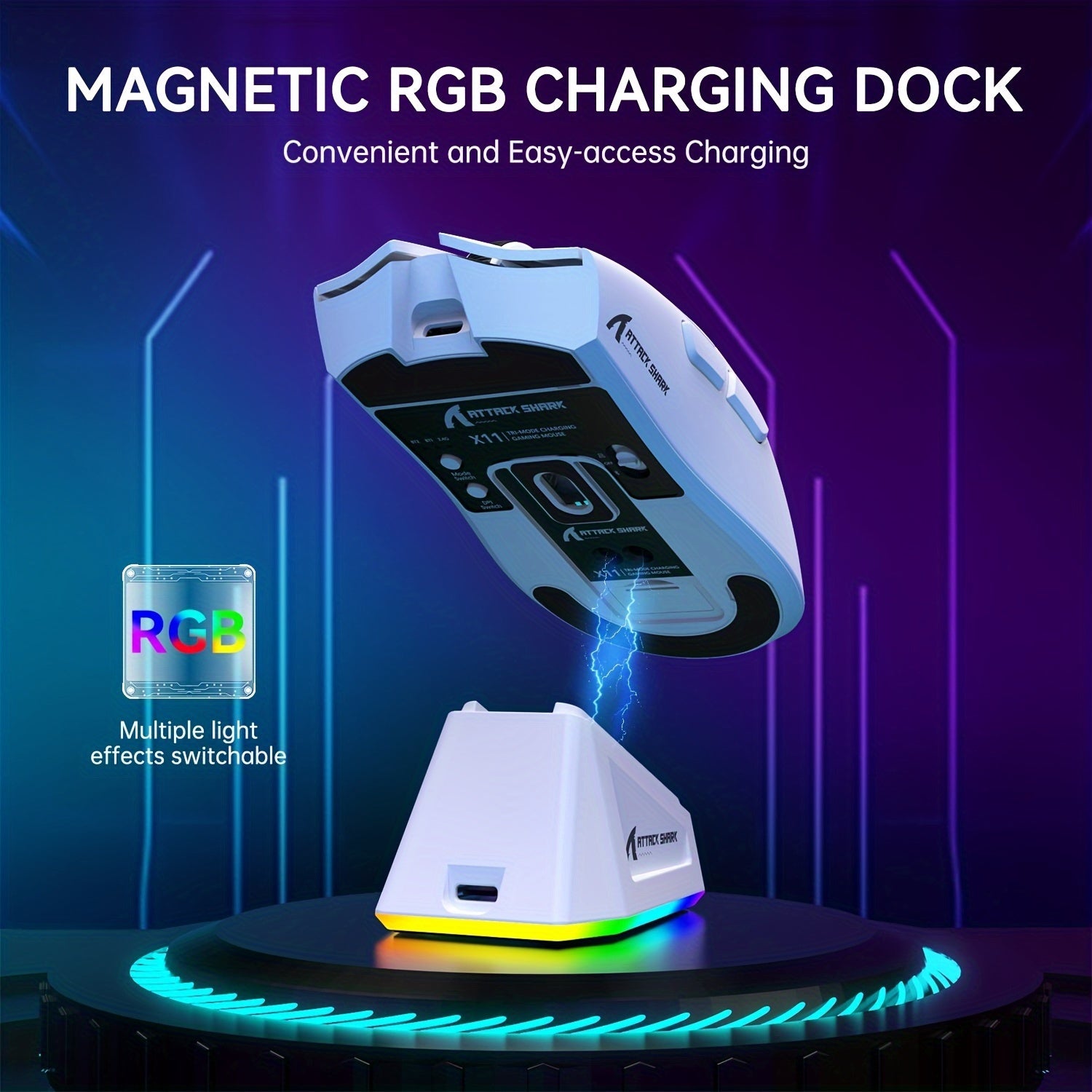 Мышь для игр ATTACK SHARK X11 Wireless с RGB зарядной станцией, легкая 59 г, три режима, до 22K DPI, для ПК/Mac, Возврат в школу