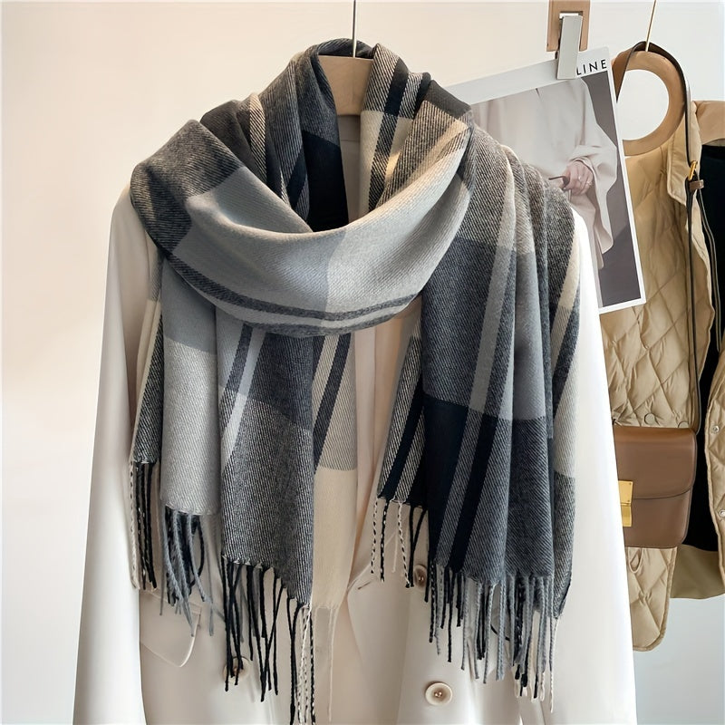 Plaid Wool Scarf with Tassel Detail for Autumn Winter Warmth and Style