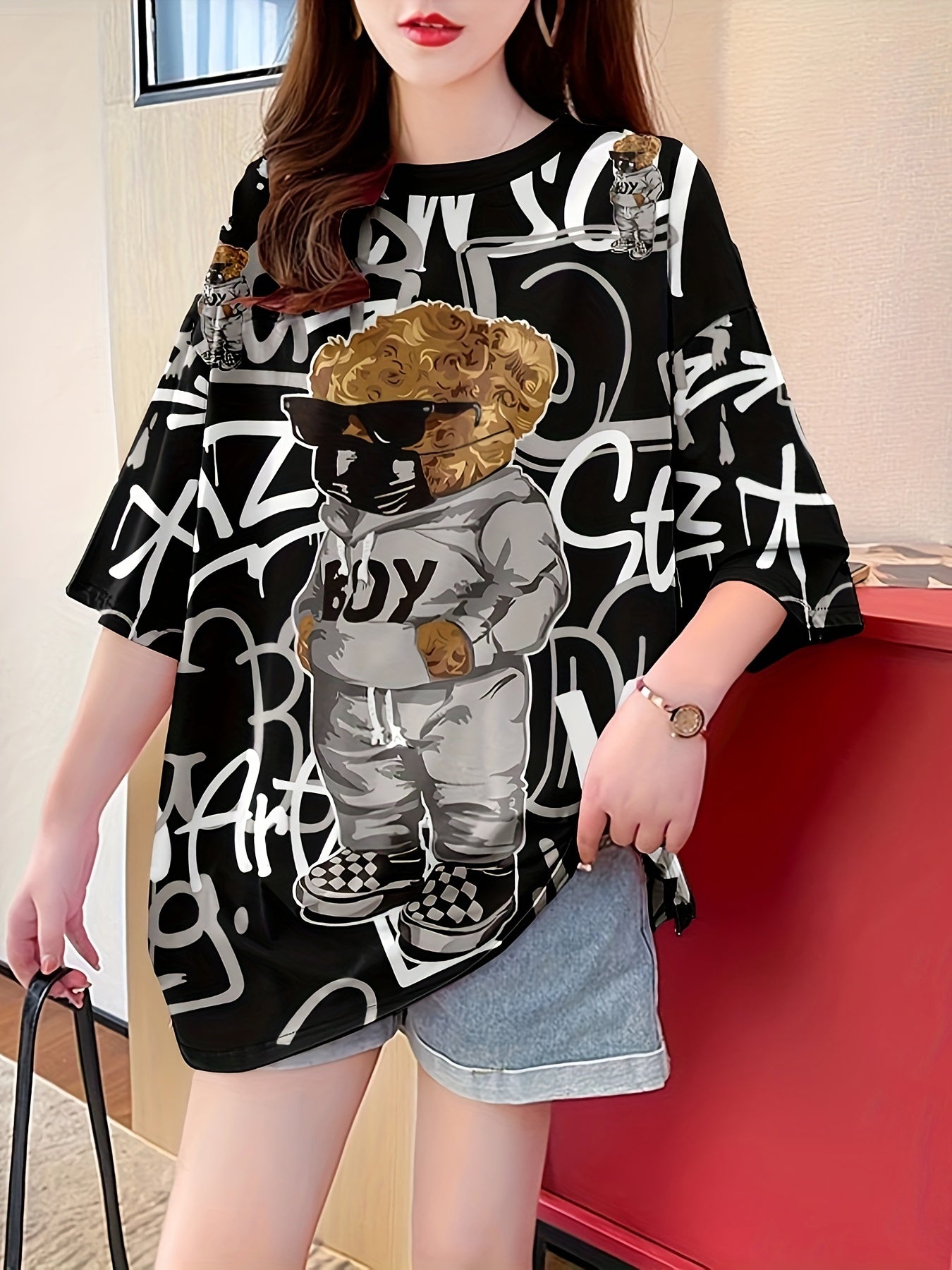 Women's Cartoon Print Casual T-Shirt Short Sleeve Loose Fit Polyester Elastane Long Length