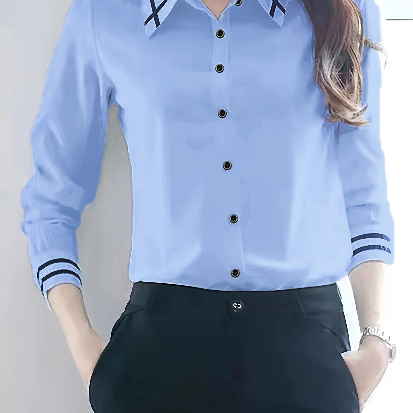 Women's Beige Polyester Dress Shirt Long Sleeve Button-Up Office Casual Spring Summer