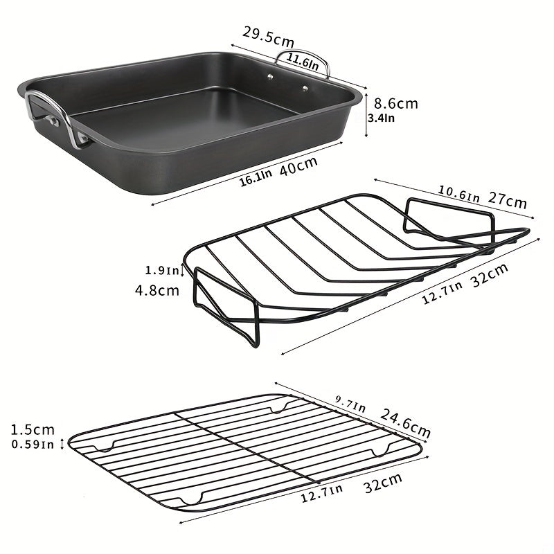Non-Stick Baking Pan with Rack 40cm Rectangular Grill for Turkey Roasted Chicken Ham
