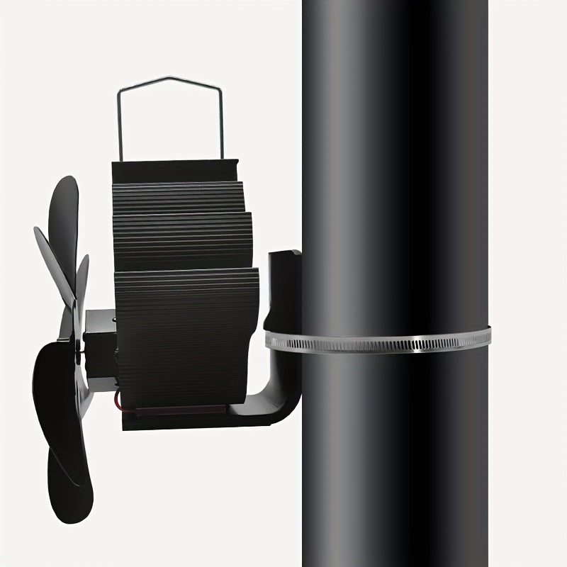 Wall Mounted Heat Powered Stove Fan Black Aluminum Alloy 6-Leaf Air Circulation