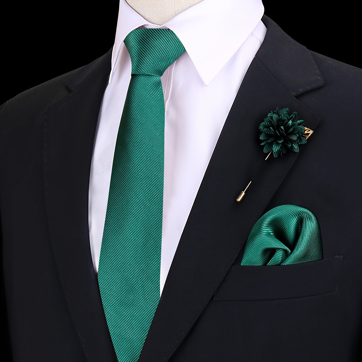 Men's Tie Set with Pocket Towel and Brooch, Classic Striped Plain Design