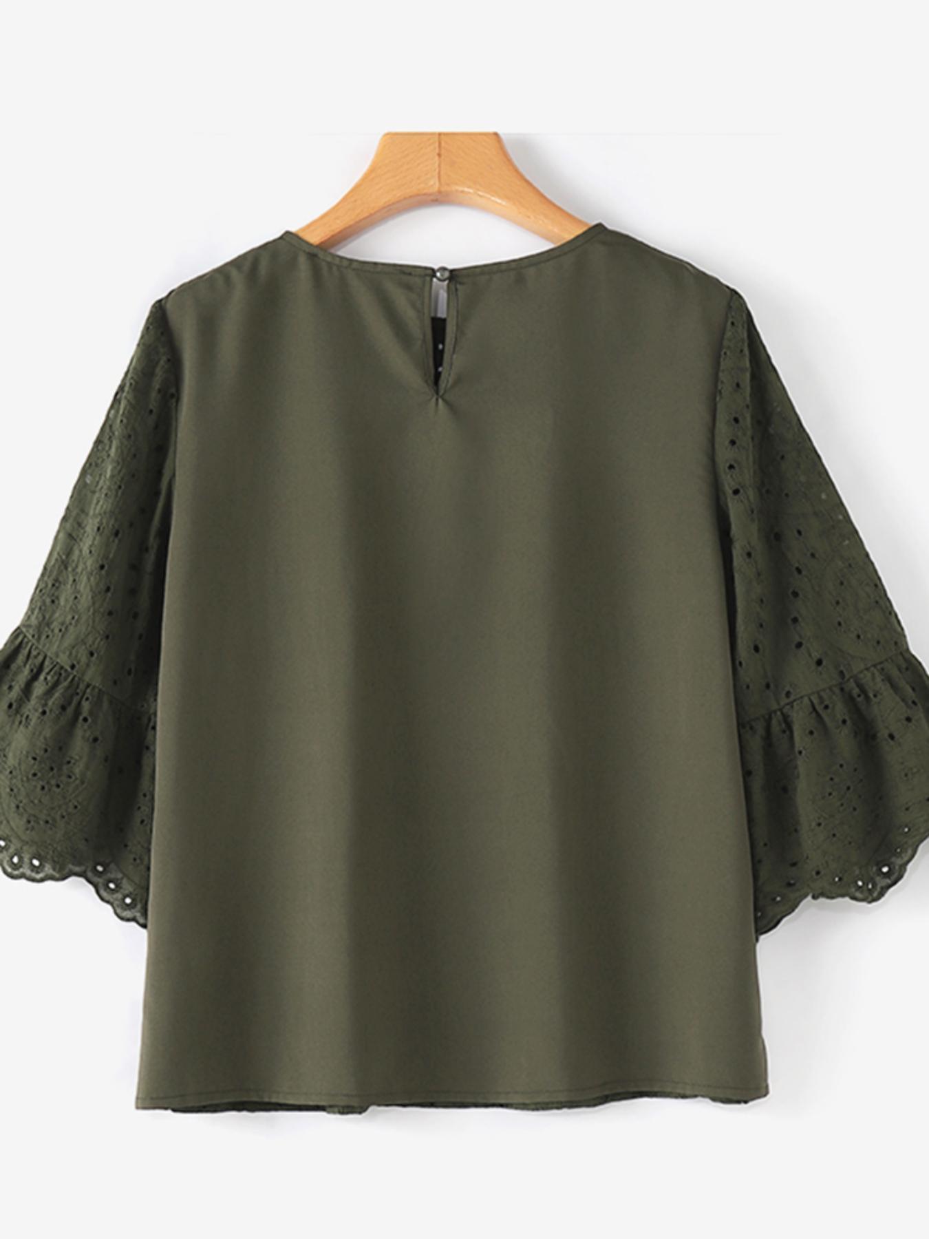 Plus Size Women's Casual Cotton Blouse with Eyelet Embroidery and Flared Sleeves