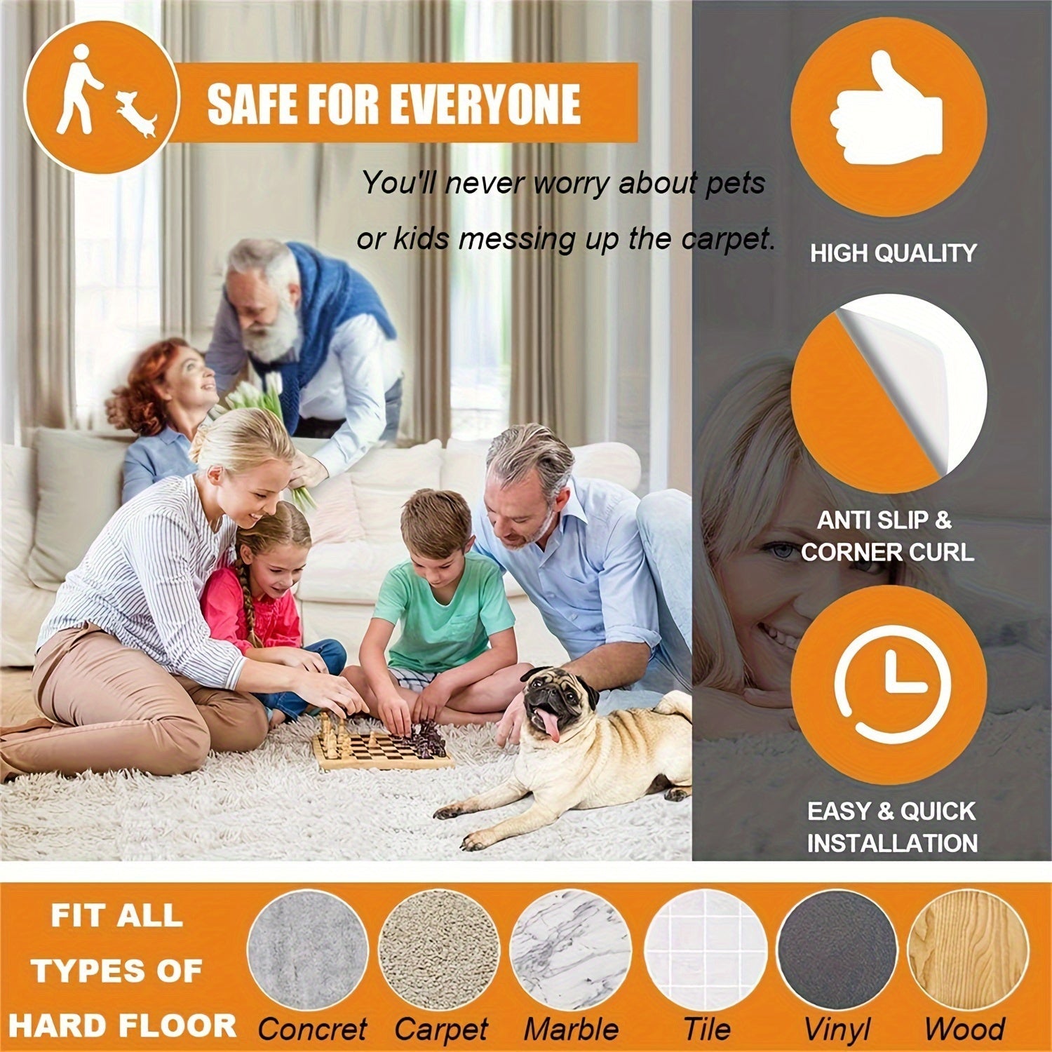 Qayta ishlatiladigan gilam tutqichlari 12 dona, sirpanmaydigan gilam padlari yog'och pol uchun