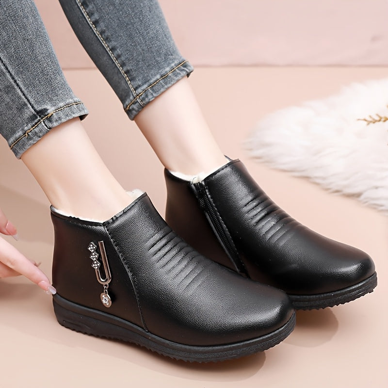 Women’s Winter Boots Slip-On Zipper Faux Leather Non-Slip Warm Shoes Black