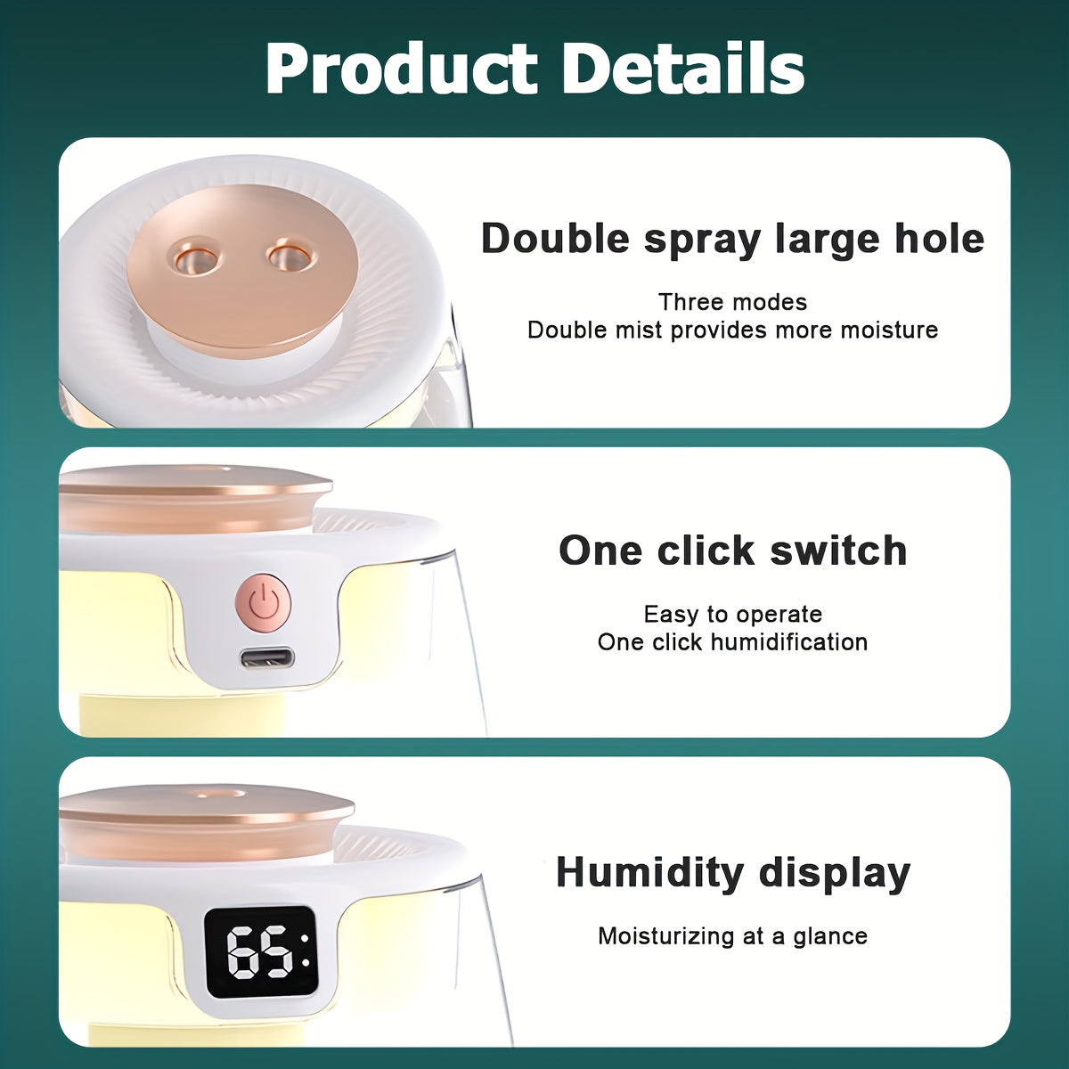 Double Spray Humidifier with USB Digital Display 1L Capacity Night Light for Car Office Home