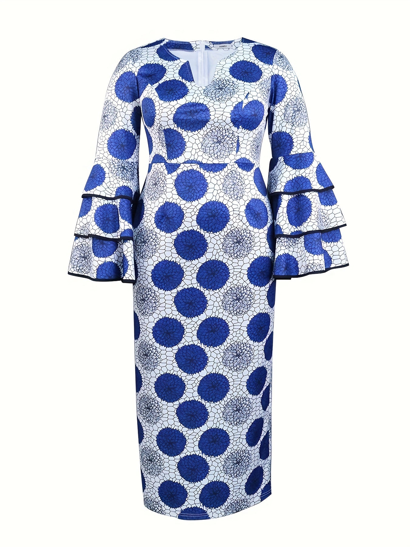 Plus Size Floral Print Layered Flare Sleeve Dress Long Elegant Party Wear