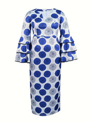 Plus Size Floral Print Layered Flare Sleeve Dress Long Elegant Party Wear