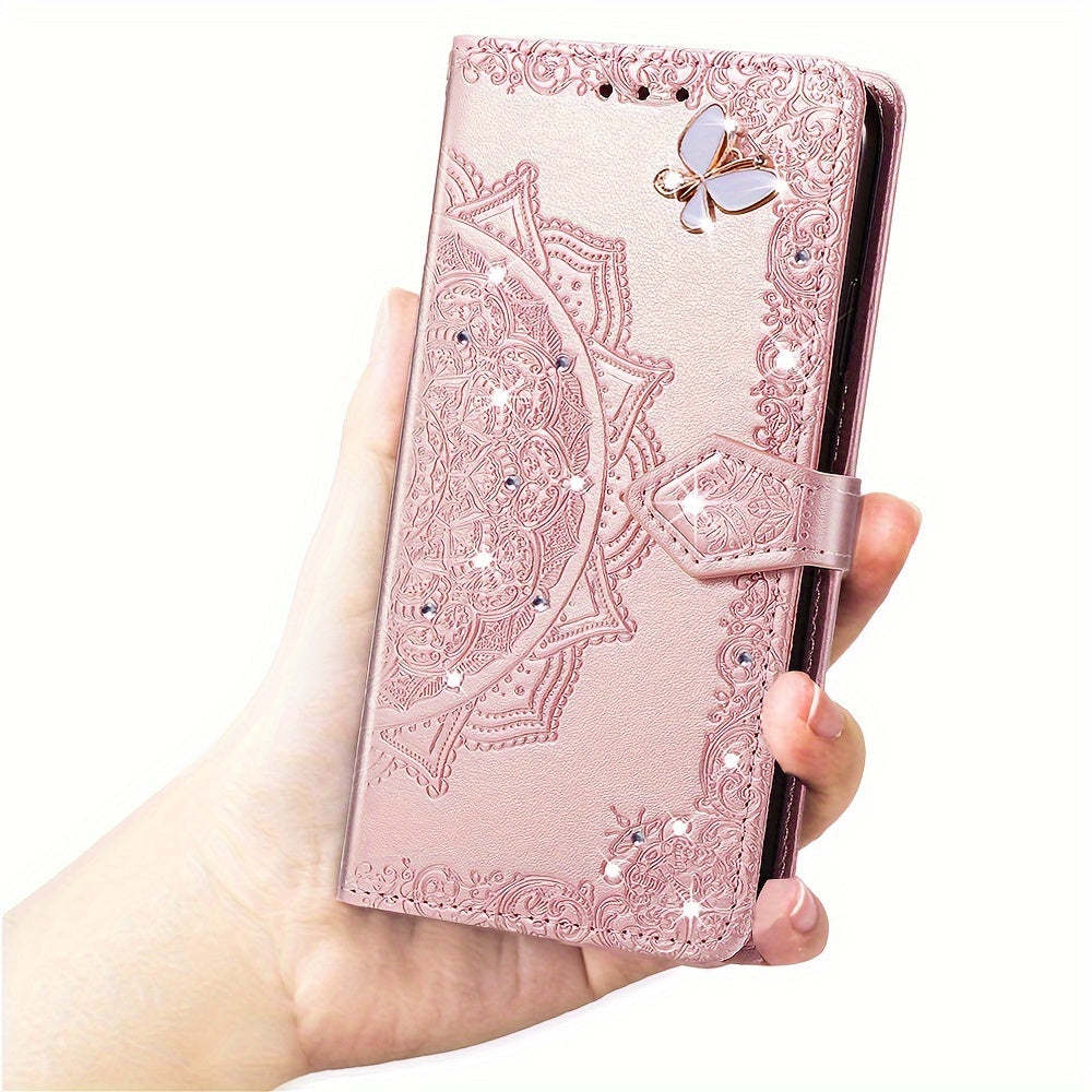 Embossed Mandala Faux Leather Phone Case with Crystals and Butterflies for Redmi
