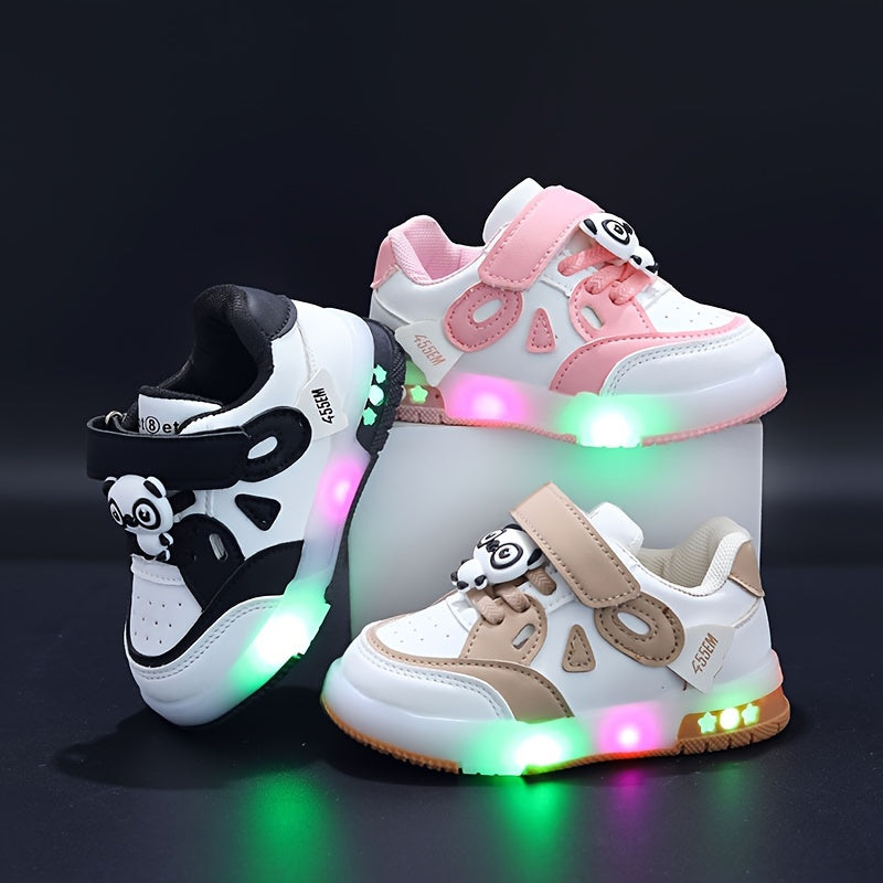 Kids LED Light-Up Sneakers with Panda Design, Low Top, Pink and White