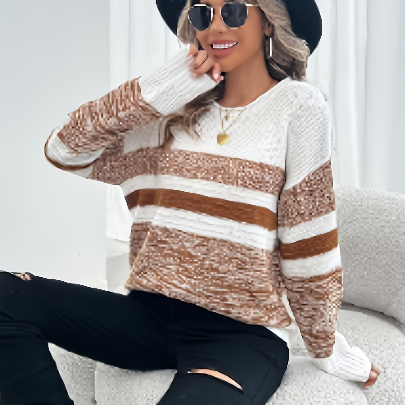 Women's Plus Size Knit Sweater, Striped Pullover, All-Season Casual, Acrylic
