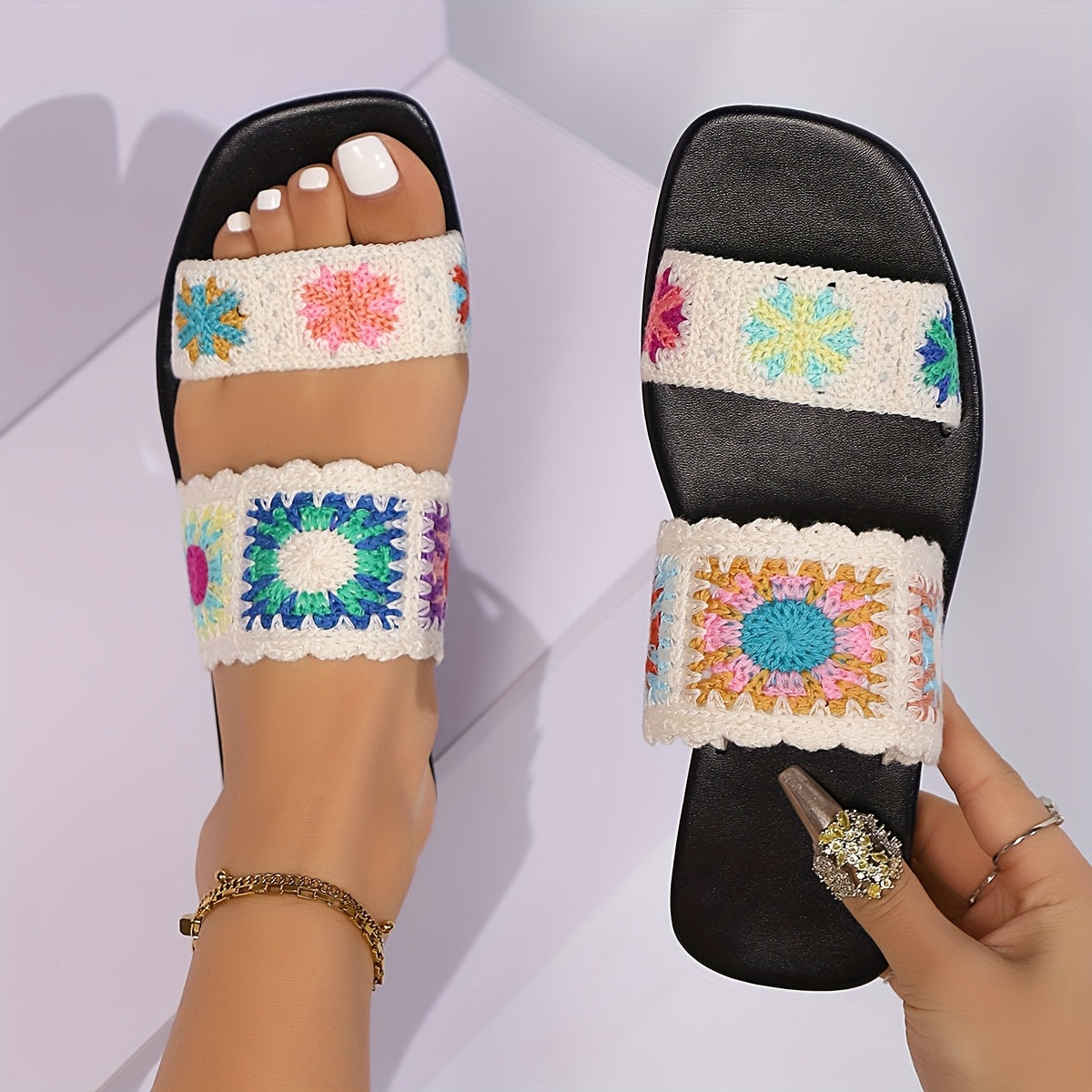 Women's Colorful Lace Crochet Bohemian Flat Sandals Beach Travel Slippers