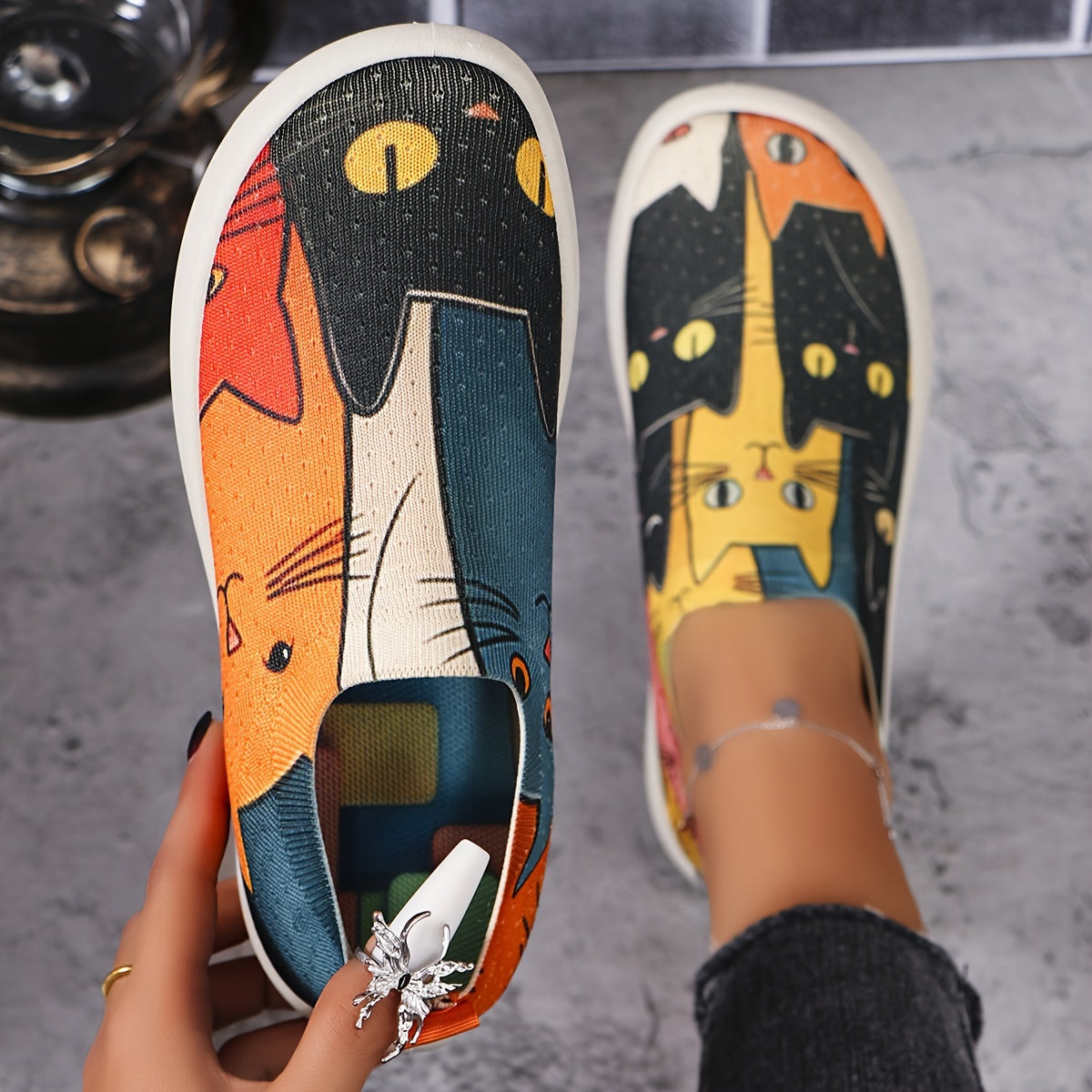 Zapatillas vintage para mujer con estampado de gato colorido, tejido de punto ligero, para todas las estaciones
