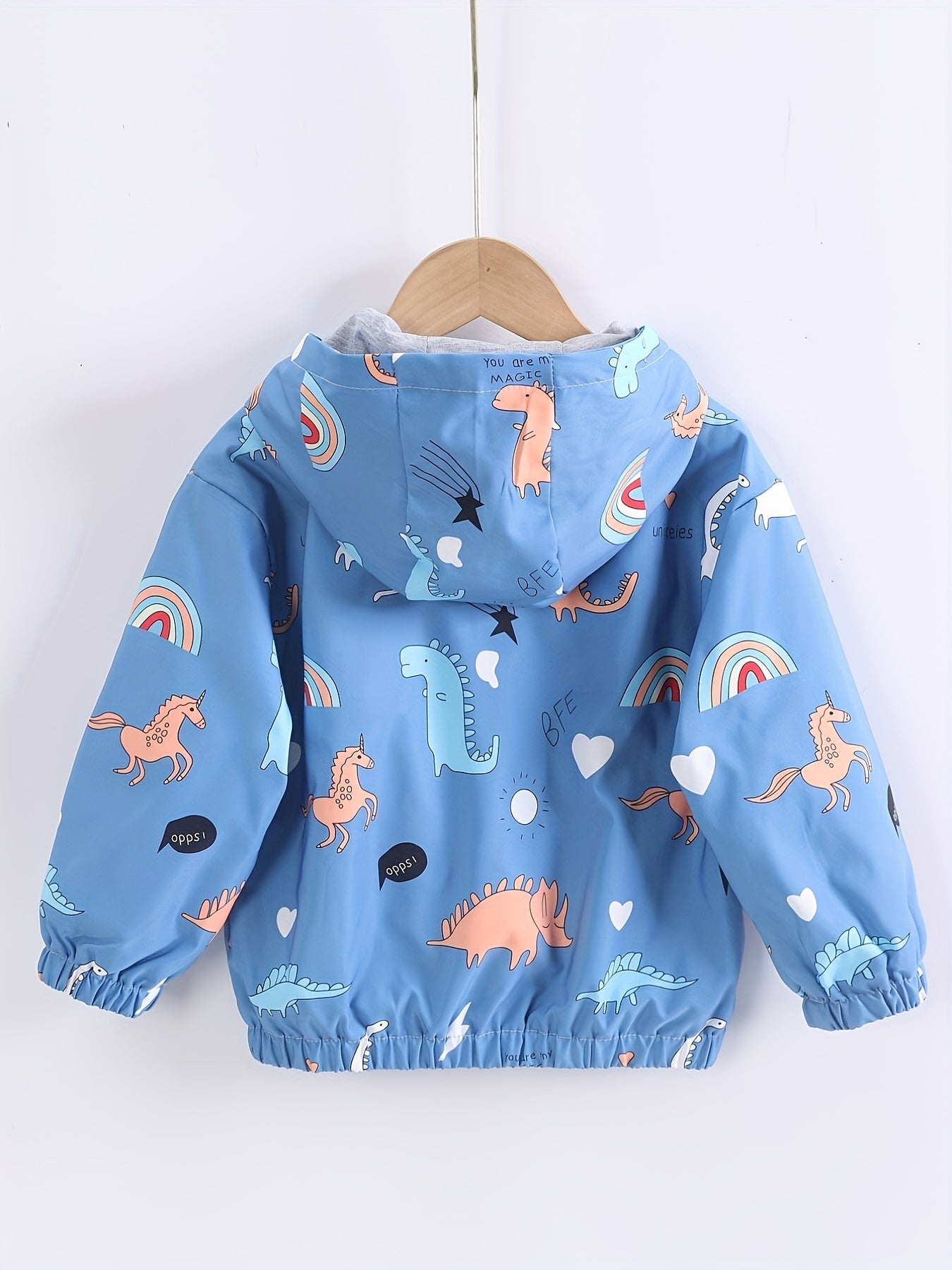 Boys Hooded Jacket with Cartoon Dinosaur and Rainbow Print Long Sleeve Zipper Outerwear