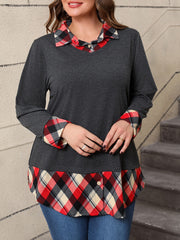 Plus Size Women's Plaid Patchwork Long Sleeve Top Faux Two-Piece Red Black Beige