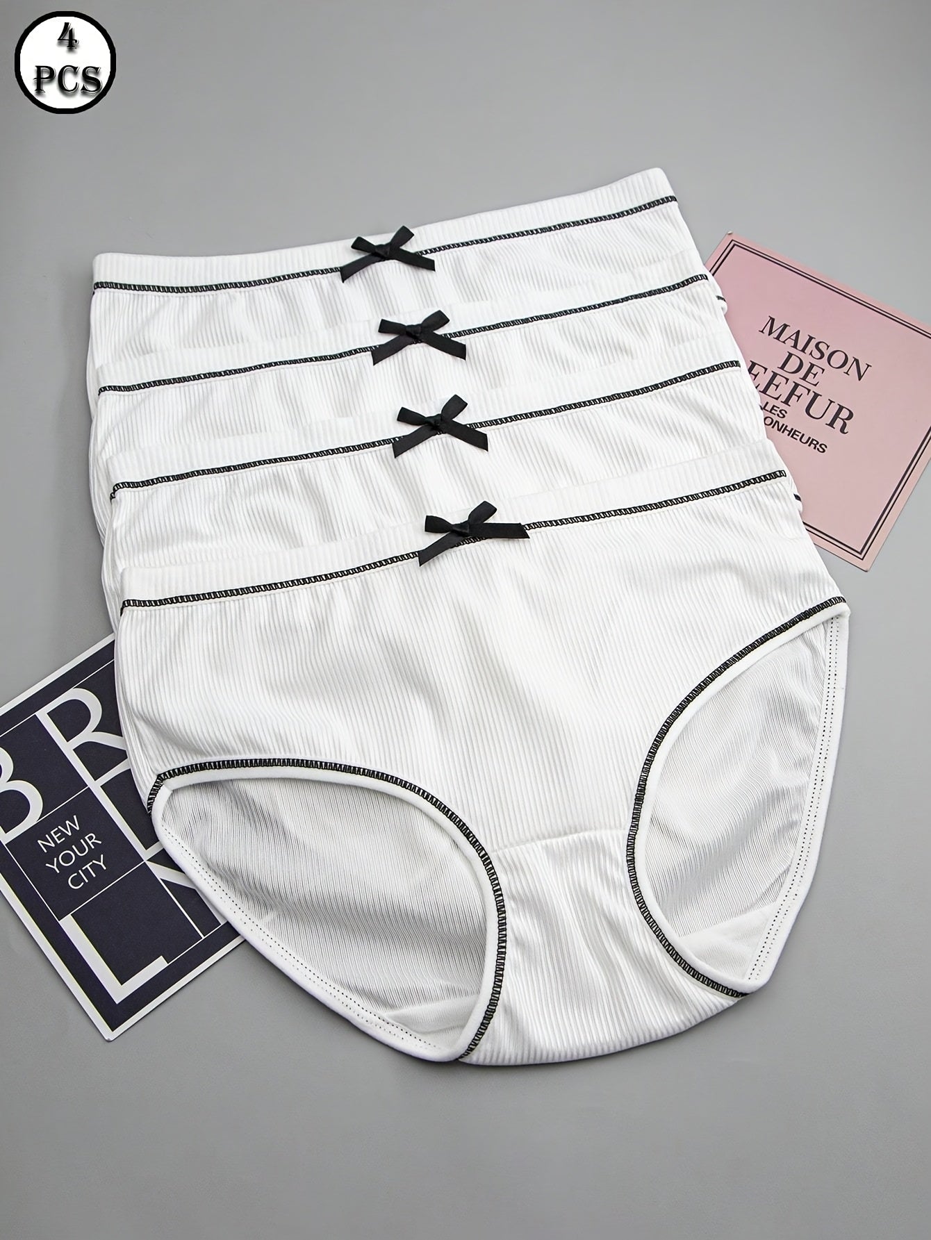 Women's Mid-Rise Briefs Set of 4 Ribbed Stretchy Polyester Blend Assorted Colors Bow Detail
