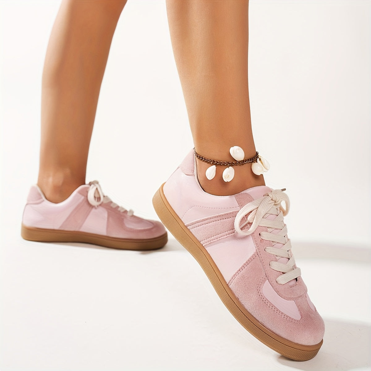 Women'S Low Top Sneakers Soft Pink PU Casual Shoes Breathable Fabric