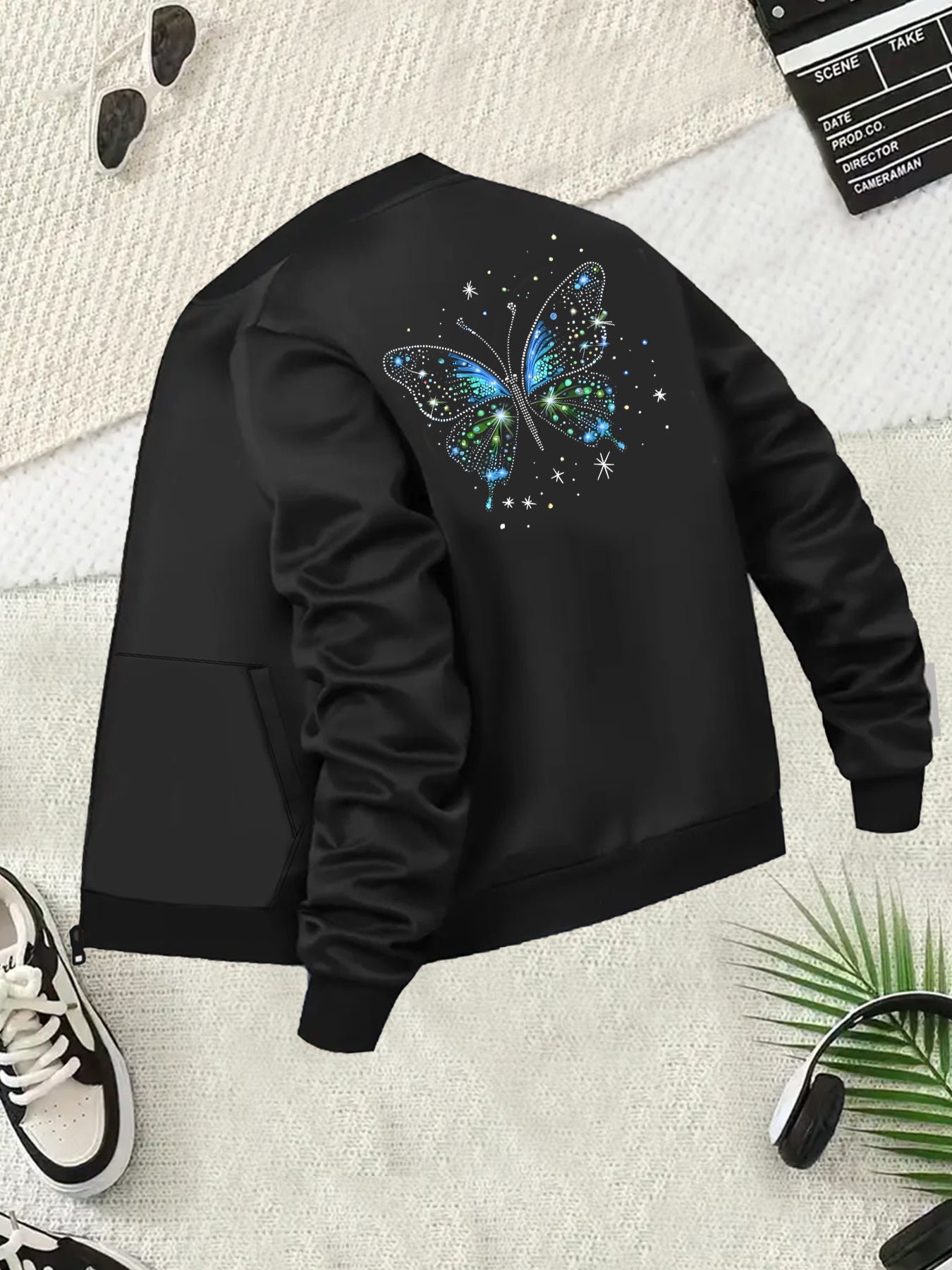 Plus Size Women's Casual Butterfly Print Zip-Up Jacket Long Sleeve Lightweight Outerwear