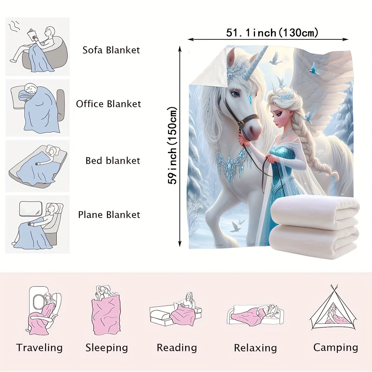 Unicorn Snow and Ice Art Blanket High-Necked Versatile Throw Bed Carpet Towel Quilt