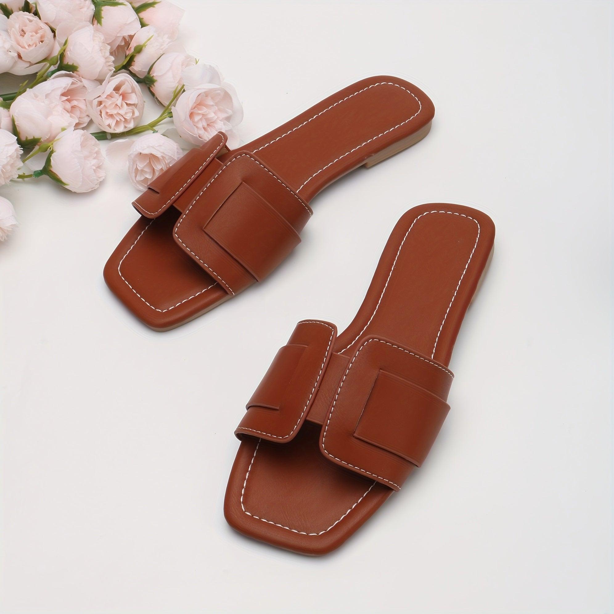 Women's Beige Flat Open Toe Sandals Slip-On Buckle Strappy Casual