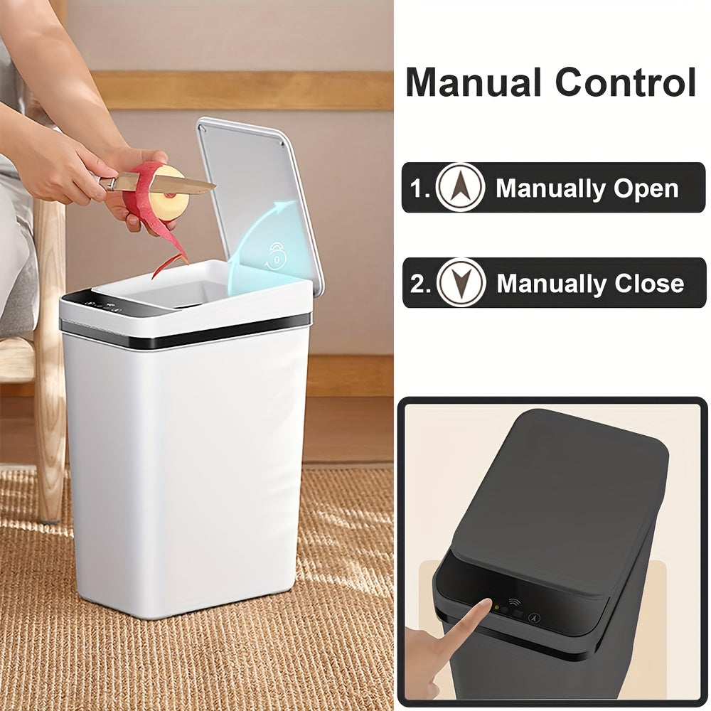 Cubo de basura automático de 8.33 L con tapa oscilante, operación con un botón, negro y blanco
