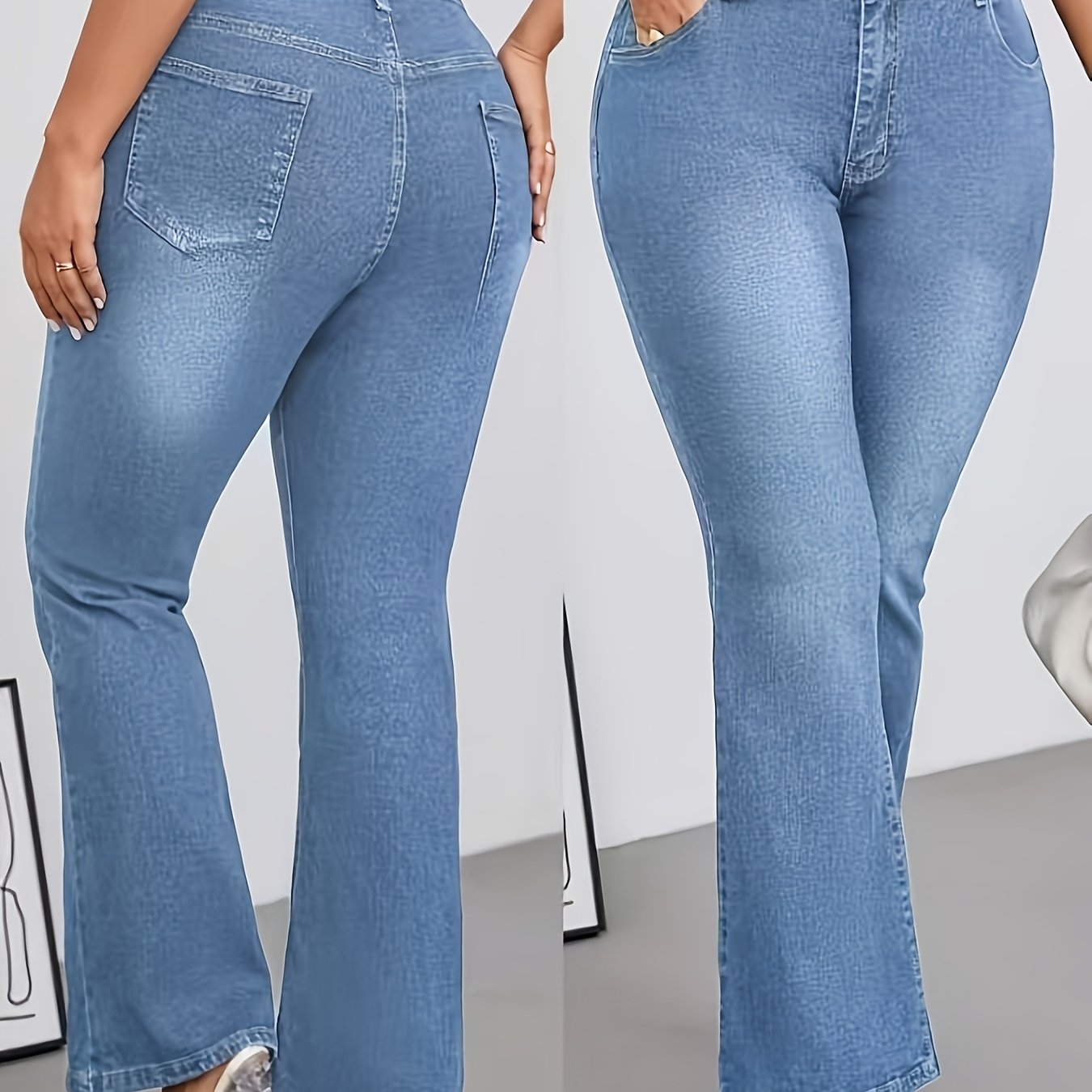 Plus Size Women's Blue Stretch Flare Jeans with Button Fly and Pockets