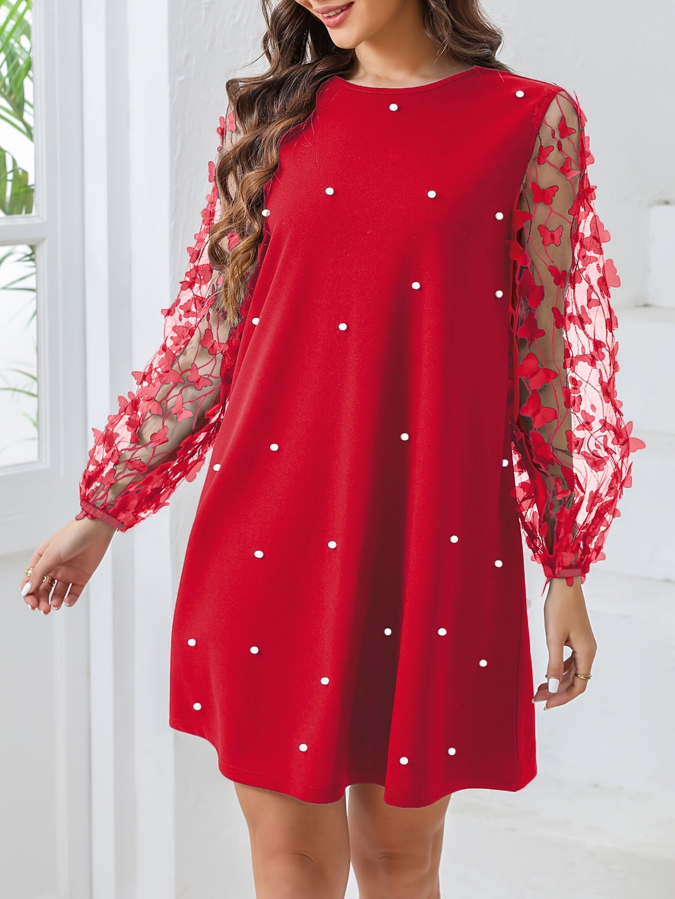 Women's Plus Size Mesh Patchwork Faux Pearl Dress