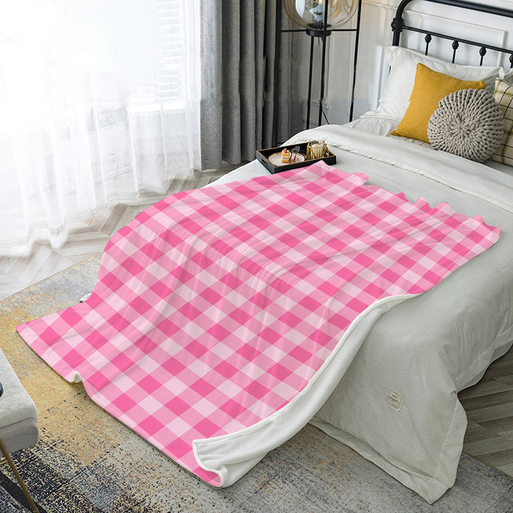 Pink Gingham Polyester Knit Throw Blanket for Bedroom Sofa All-Season Use
