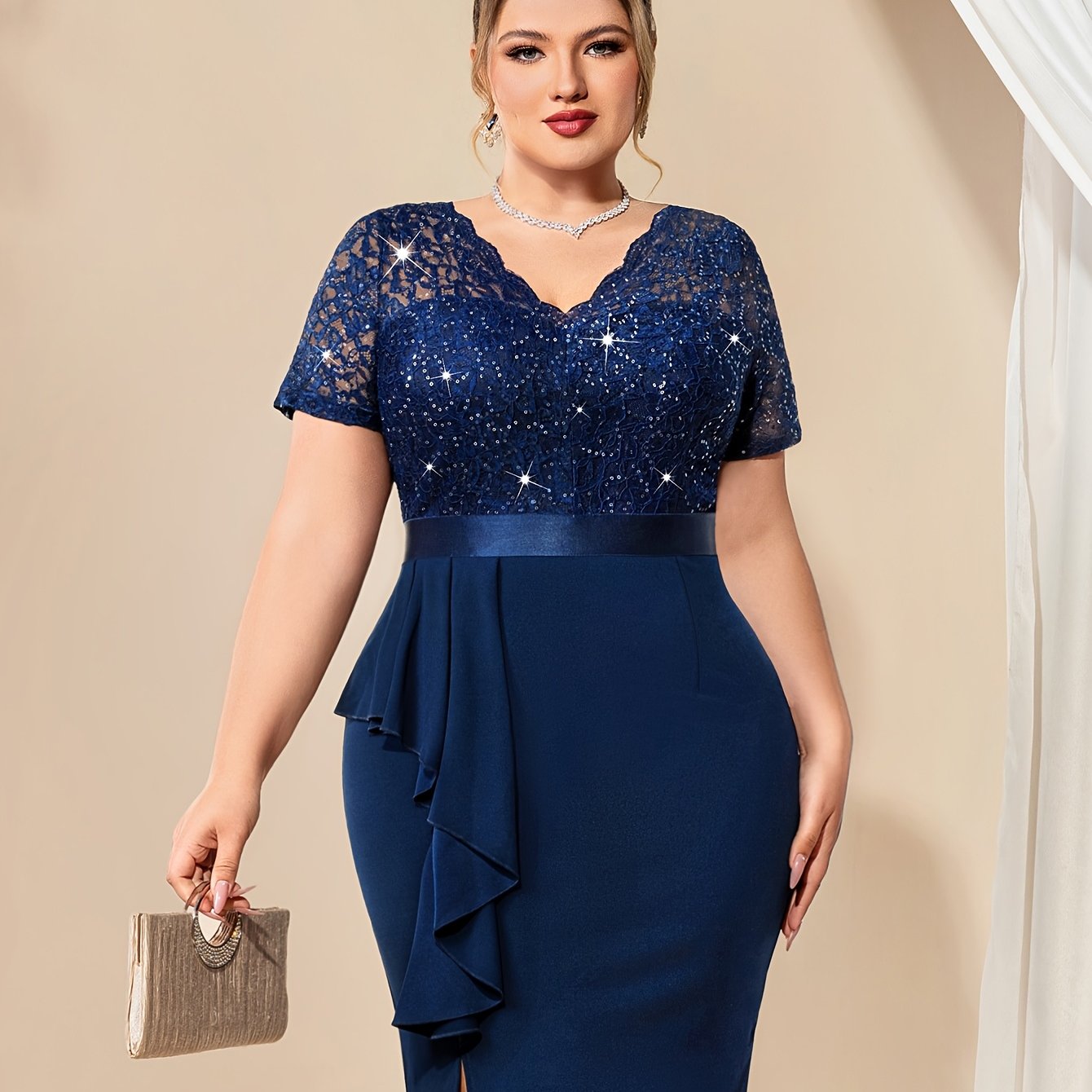 Plus Size Women's Sequin Lace Ruffle V-Neck Bodycon Dress Cocktail Party