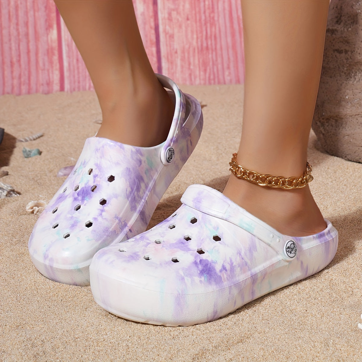 Women's Tie-Dye EVA Clogs with Pink Flamingo and Blue Bird Pattern for Beach and Casual Wear