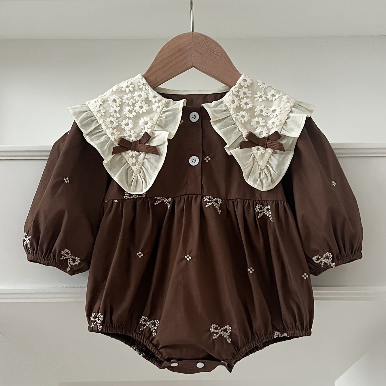 Baby Girl Floral Embroidered Cotton Long-Sleeve Romper for Spring Fall Outdoor Wear