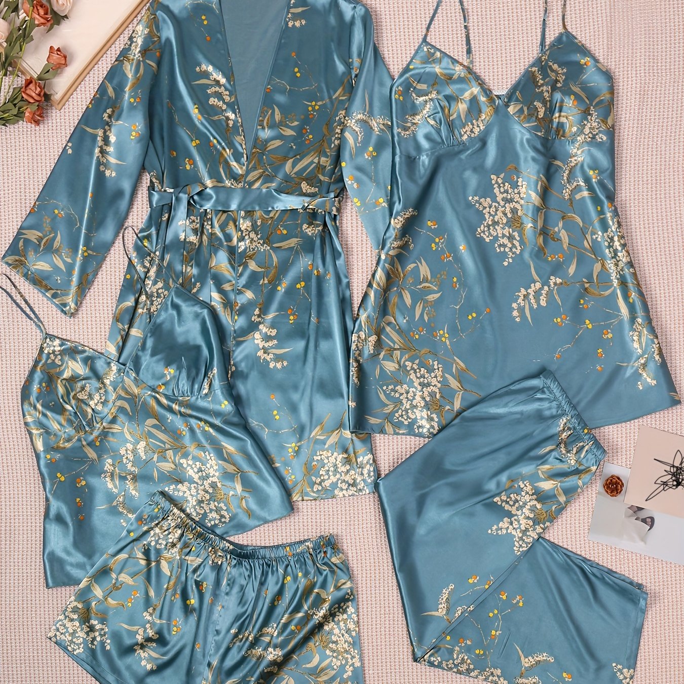 Plus-Size Women's Printed Loungewear Set with Camisole Dress Shorts Pants and Robe for Fall Winter