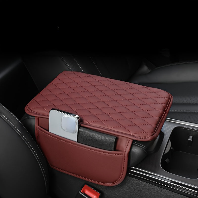 Red PU Leather Car Armrest Pad with Quilted Design and Storage Pocket