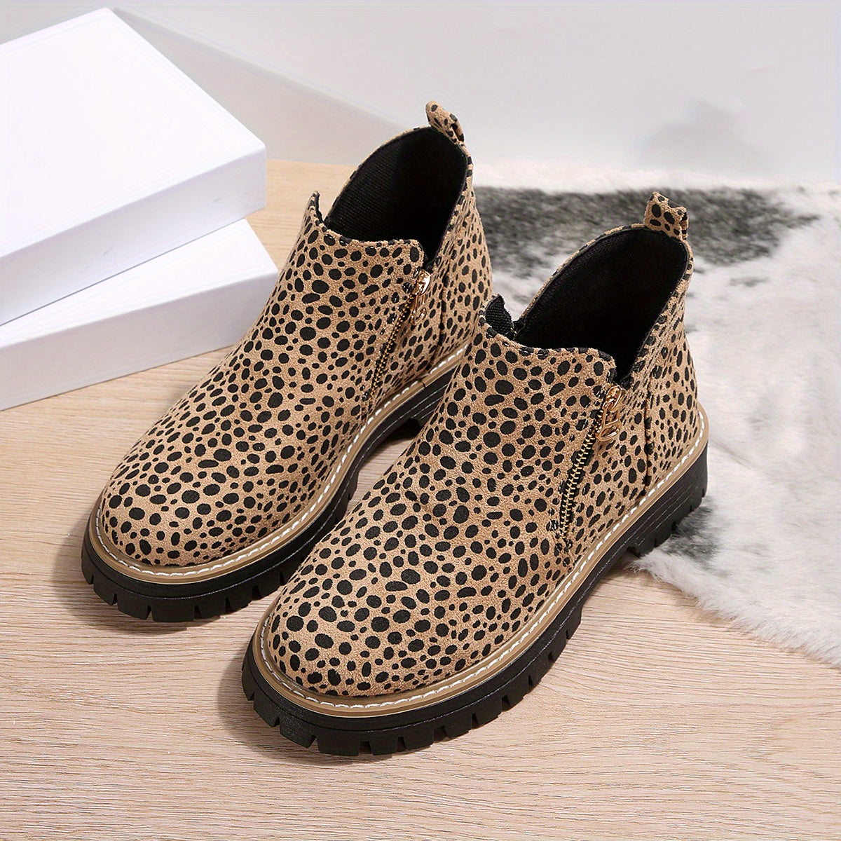 Women's Leopard Print Ankle Boots with Zipper Mid-Heel Round Toe
