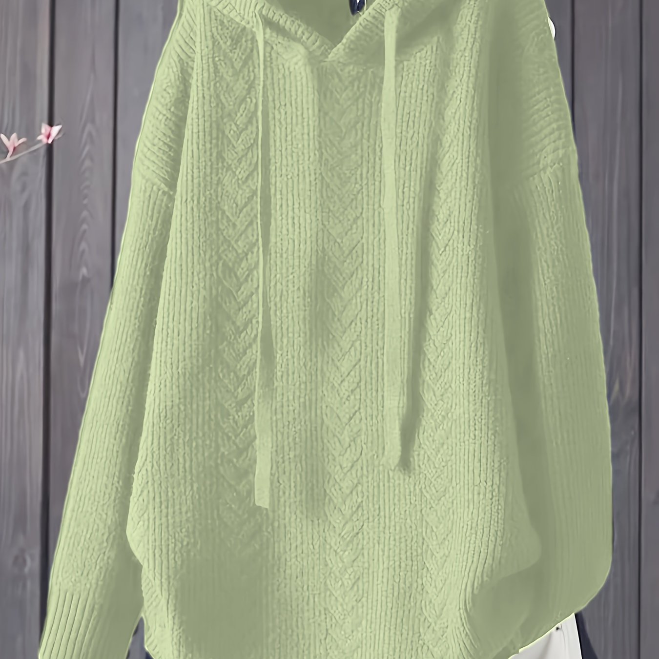 Women's Navy Blue Hooded Sweater with Drawstring and Ribbed Texture