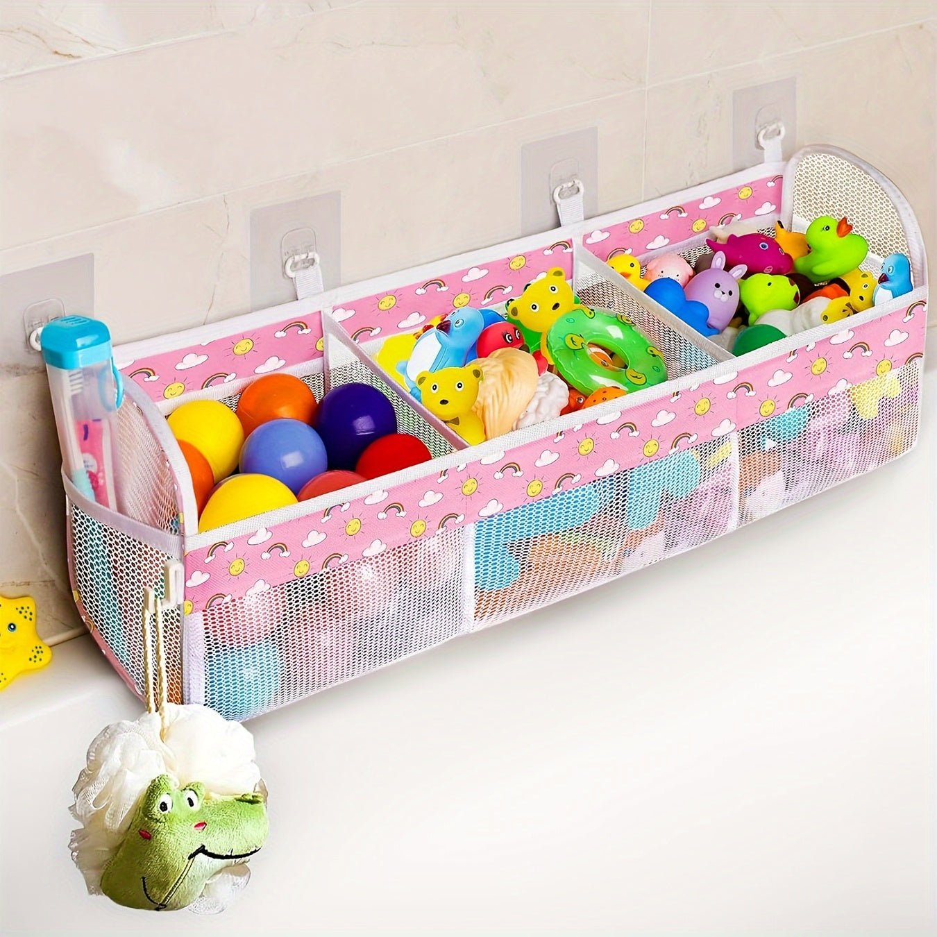 Large Capacity Mesh Bath Toy Organizer Wall Mount Storage Bag for Bathroom Kids