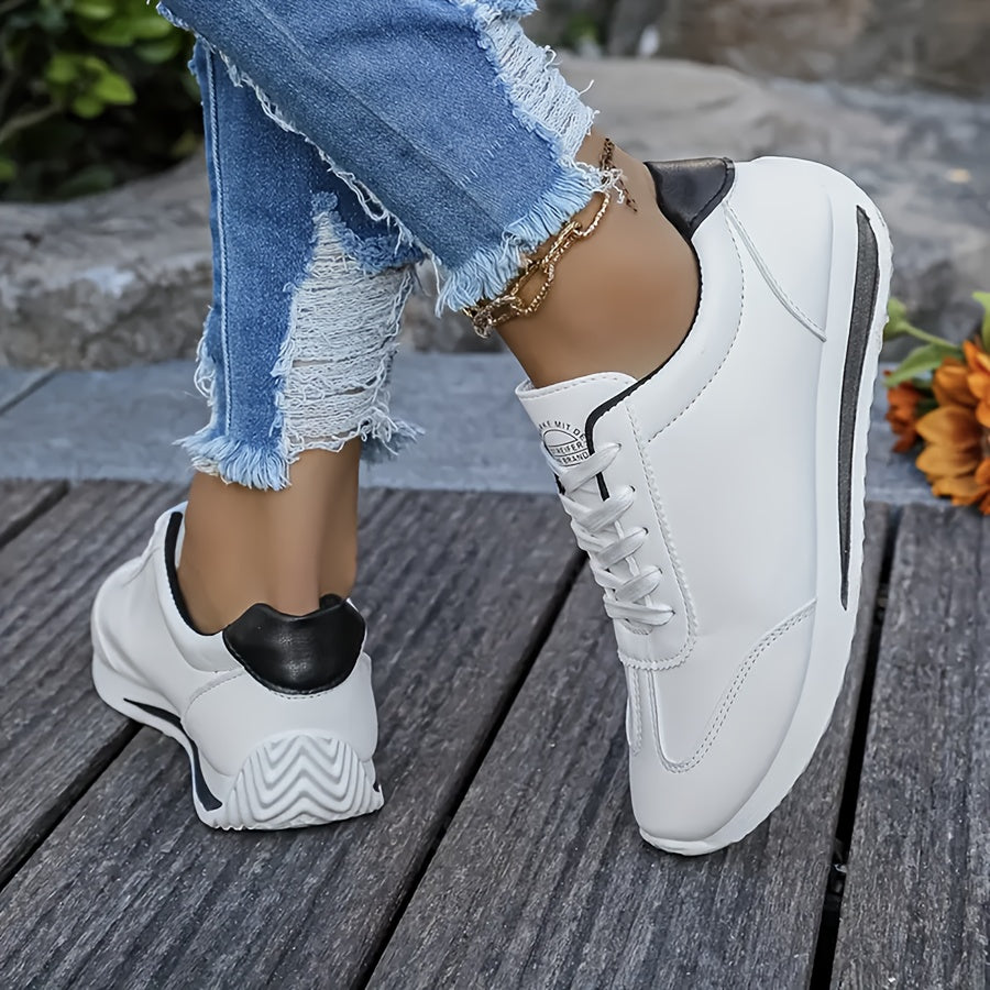 Women's White Breathable Casual Sneakers with Rubber Sole and Black Accents