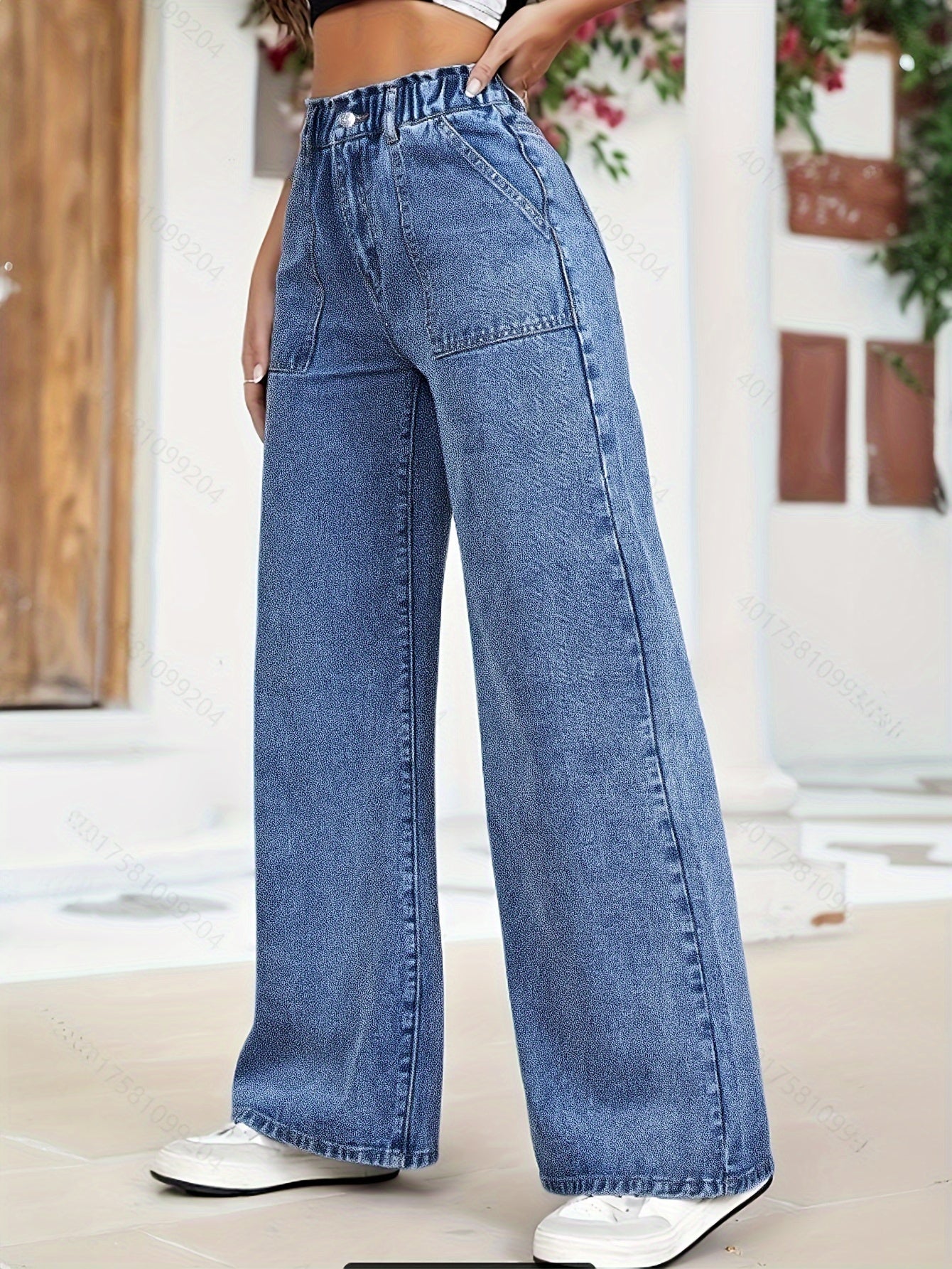 Women's Wide Leg Denim Pants with Medium Stretch and Elastic Waist for Casual All-Season Wear