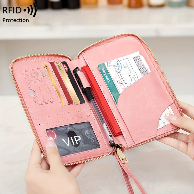 Brown RFID Blocking Travel Wallet with Zipper Closure and Wrist Strap for Passports and Cards