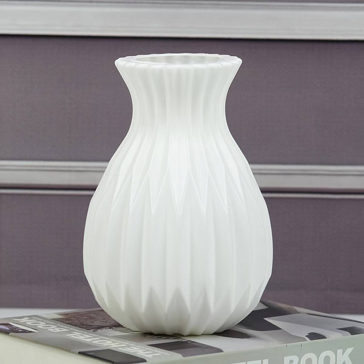 White Ceramic Vase for Dry Flowers Nordic Style Round Striped Decor for Home or Cafe