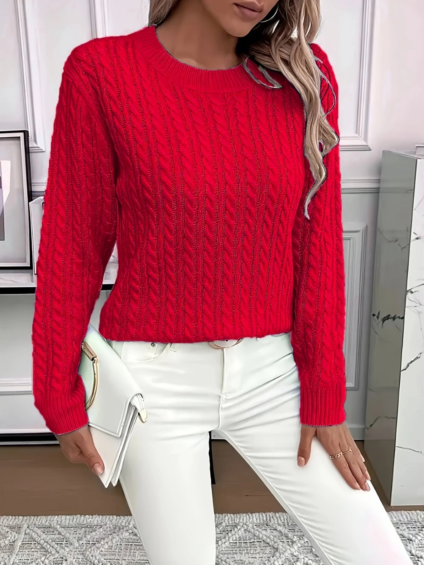 Plus o'lchamli ayollar uchun trikotaj sviter, kruy neck, uzun qo'lli, bir rangli, kundalik pullover