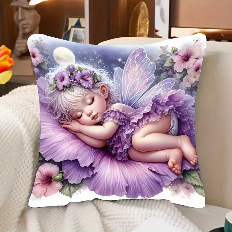 Angel Girl Plush Pillowcase Fairy Tale Design Sleeping Fairy Floral Starry Night Soft Bedroom Decor