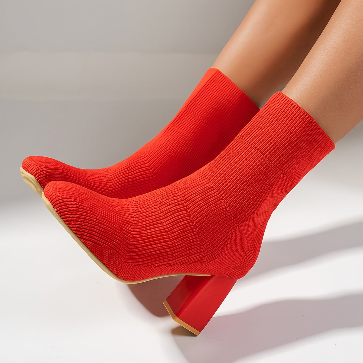 Women's Knitted Slip-On Boots with Chunky Heel and Point Toe