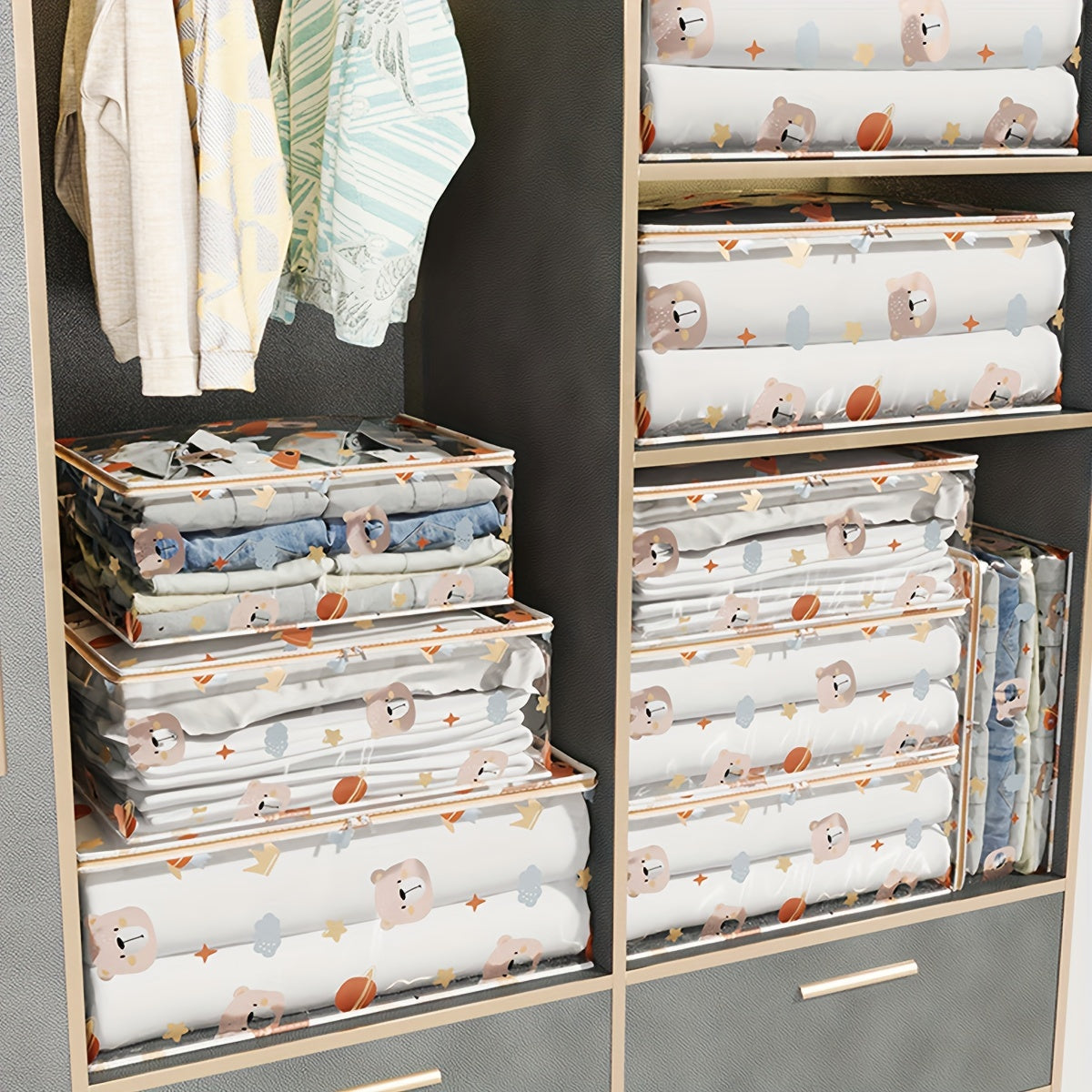 Единая большая прозрачная сумка для хранения одежды и игрушек - пылезащитный полиэстеровый органайзер с печатным дизайном, незавершенный стиль, идеален для 14 лет и старше, с возможностью самостоятельного использования.