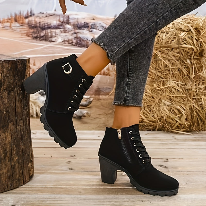 Women Chunky Heel Ankle Boots Faux Cover Zipper Comfortable All-Season