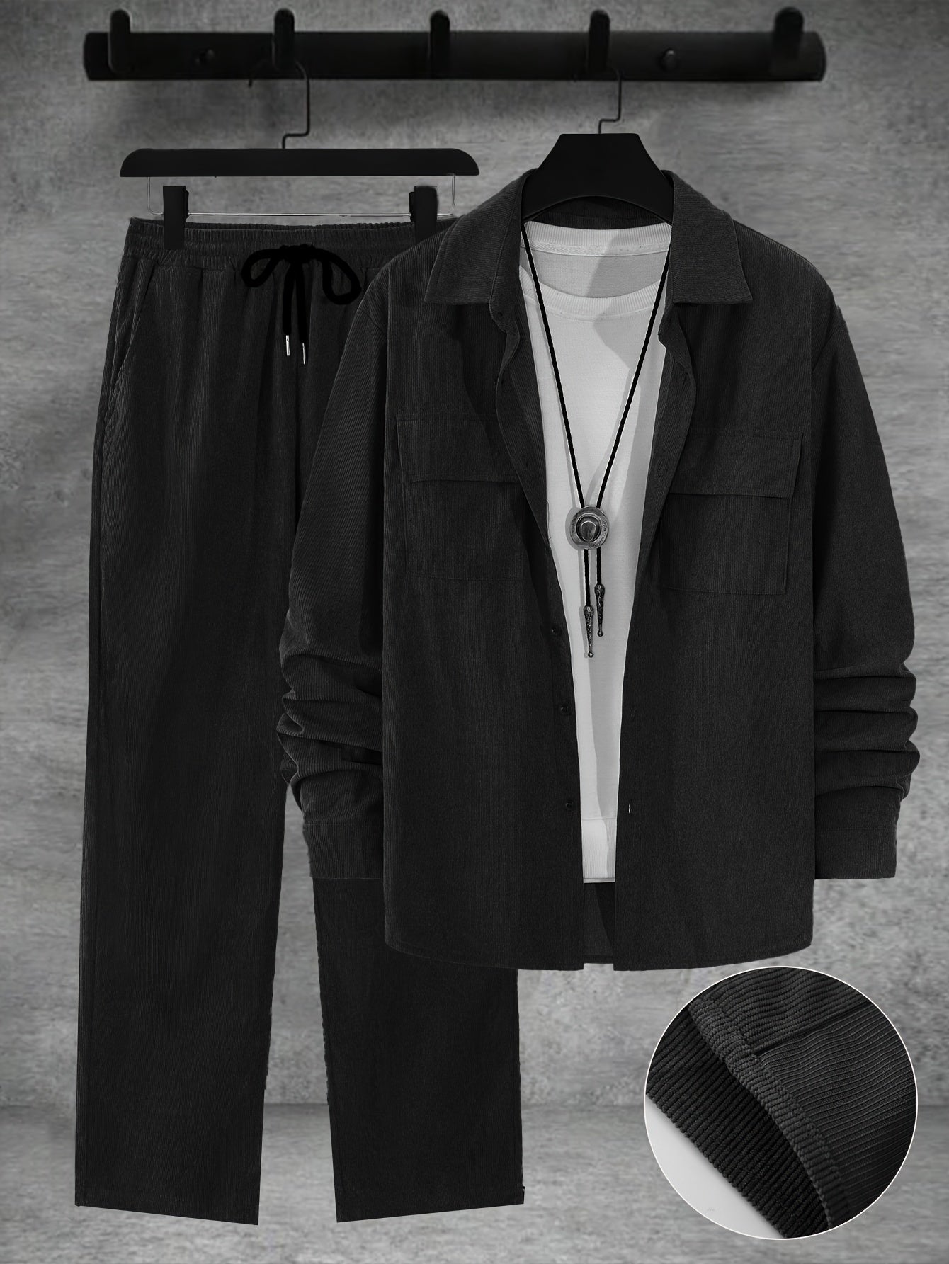 Men's Casual Fall Winter Set Blue Button-Up Shirt Drawstring Pants Outdoor Gift